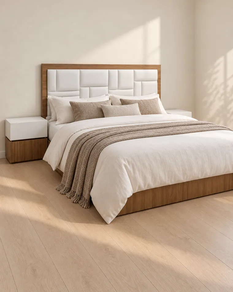 Mosaico: cama de madera y planos tapizados, ambientación digital