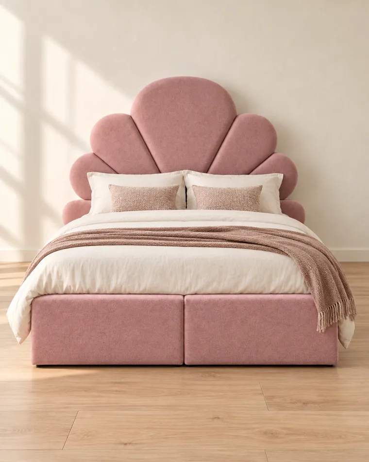 Pétalo: cama con cabecero en abanico, ambientación digital